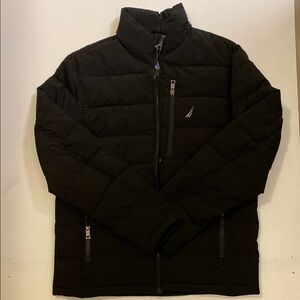 Nautica Black Puffer Jacket with High Collar and Quilted Design